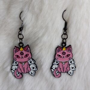 2/$10 Gothic Pink Cat Earrings with Skulls